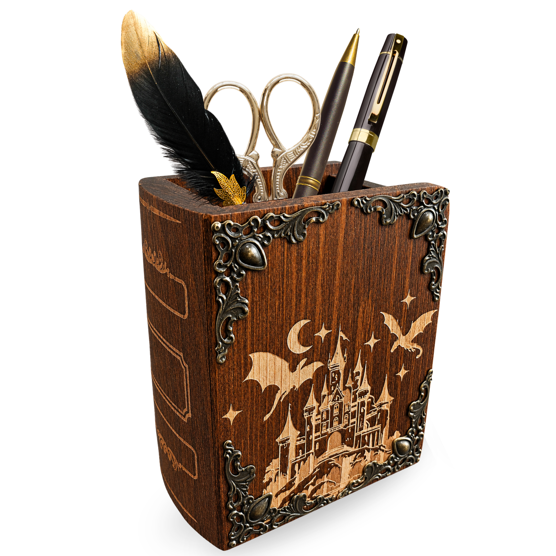 Fantasy wooden pencil cup holding pens scissors and quill