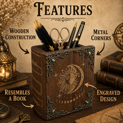 Wooden pencil cup with engraved moon phases and metal corners