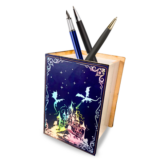 Desk Organizer, Pen Holder, Holographic Fantasy Theme Castle and dragons lover Gift, DND lovers