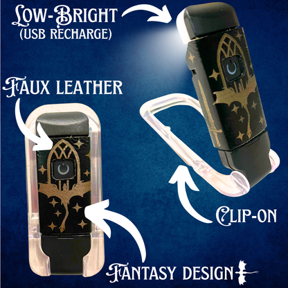 Fantasy Clip-On LED Light | Faux Leather Design | Personalized Engraving | 3 Colors | Rechargeable Low-Bright Reading Lamp