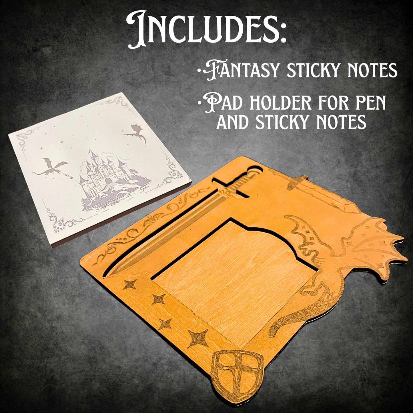 Personalized Sticky Note and Pen Holder with Fantasy Design, Desk Organizer