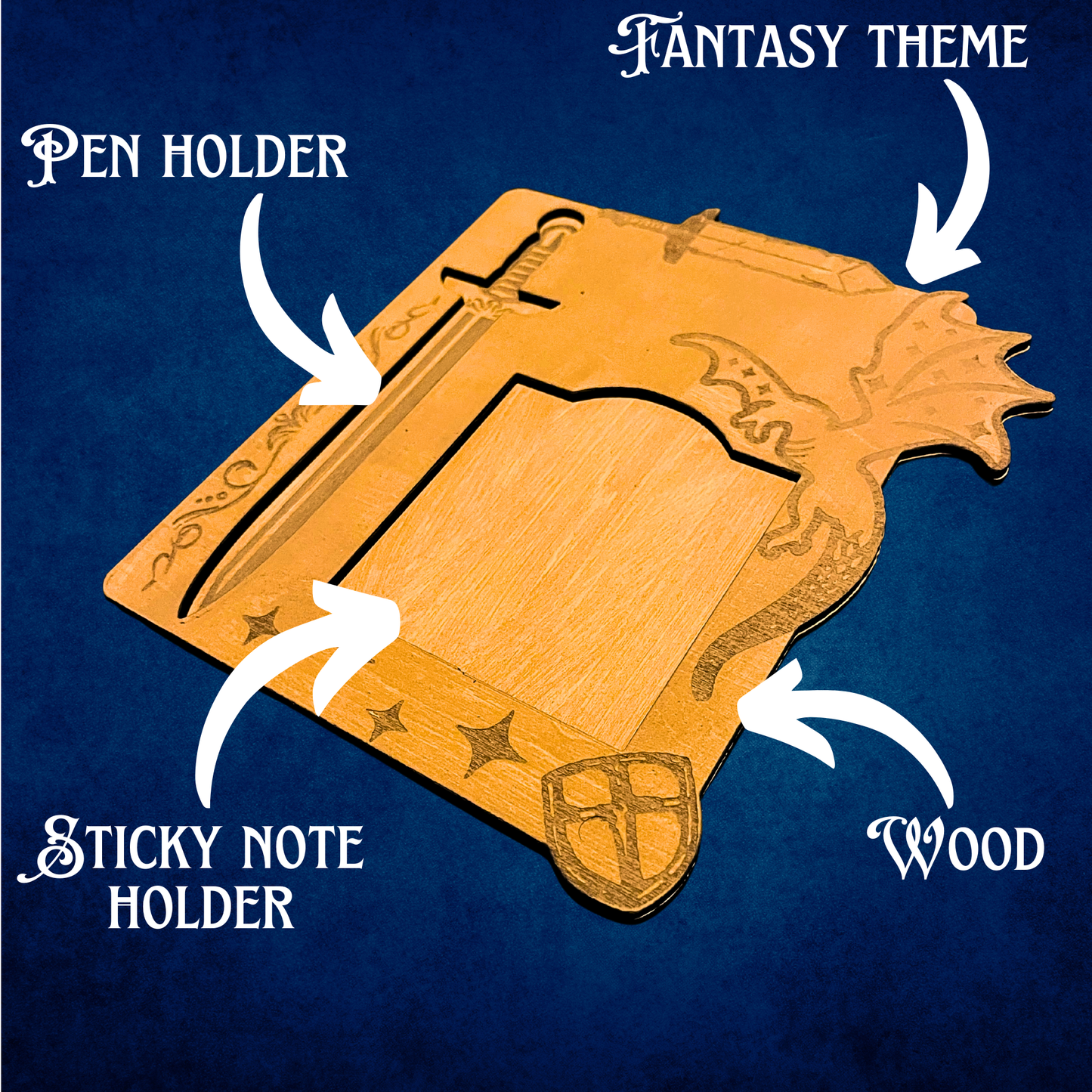 Personalized Sticky Note and Pen Holder with Fantasy Design, Desk Organizer