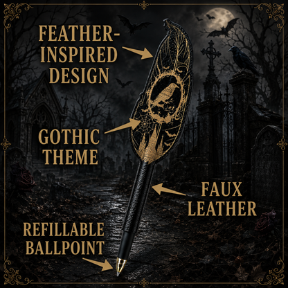 Gothic Feather Pen – Personalized Faux Leather Ballpoint Pen for Dark Academia & Fantasy Lovers