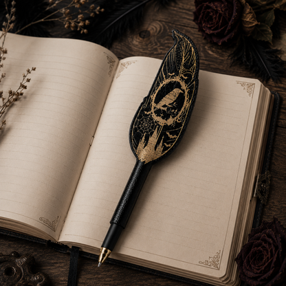 Gothic feather pen with gold engravings and faux leather ballpoint design