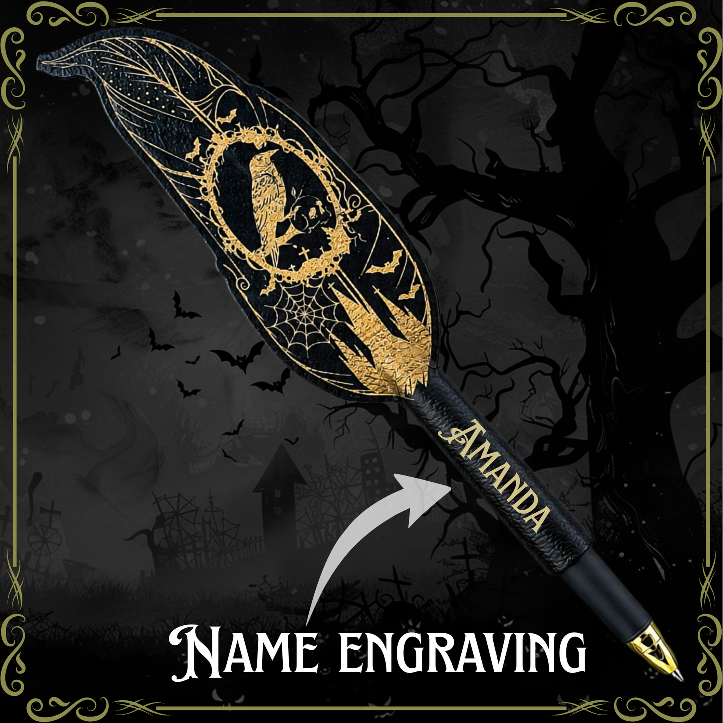Personalized gothic feather pen with custom engraved name