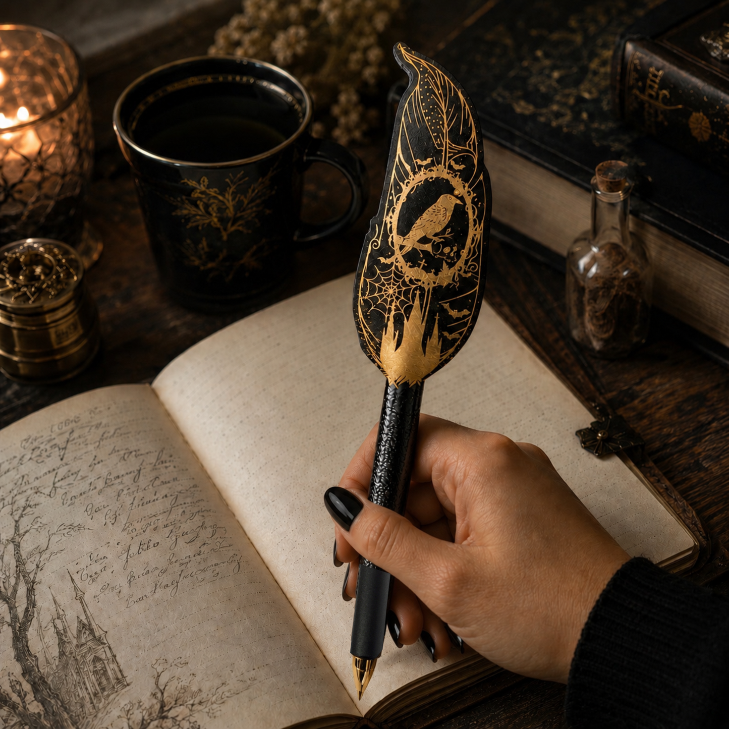 Dark academia gothic feather pen for journaling and fantasy writing