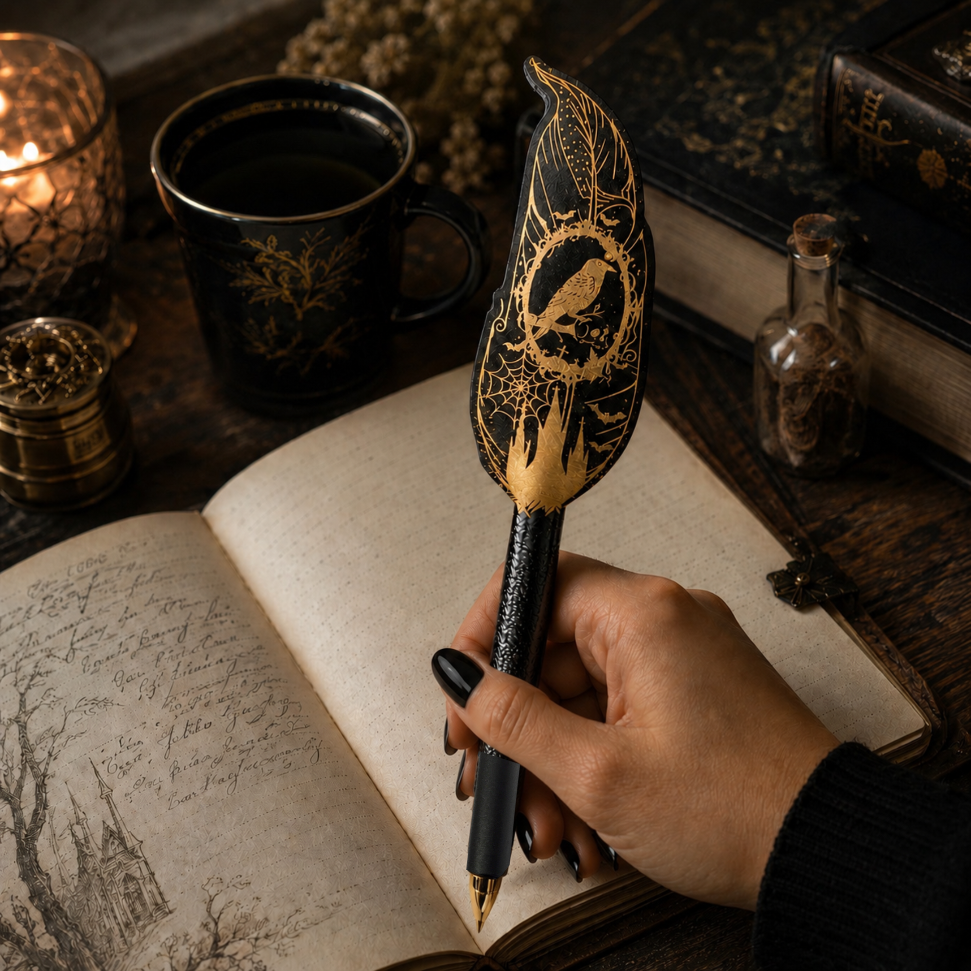 Dark academia gothic feather pen for journaling and fantasy writing