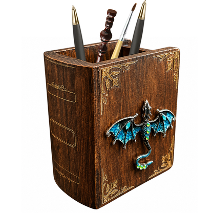 Dragon Book Desk Organizer – Wooden Fantasy Pen Holder