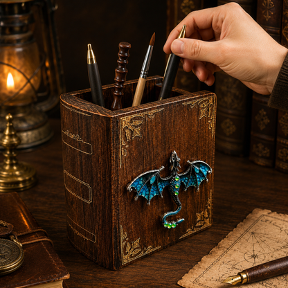 Dragon Book Desk Organizer – Wooden Fantasy Pen Holder