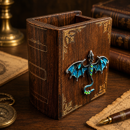 Dragon Book Desk Organizer – Wooden Fantasy Pen Holder