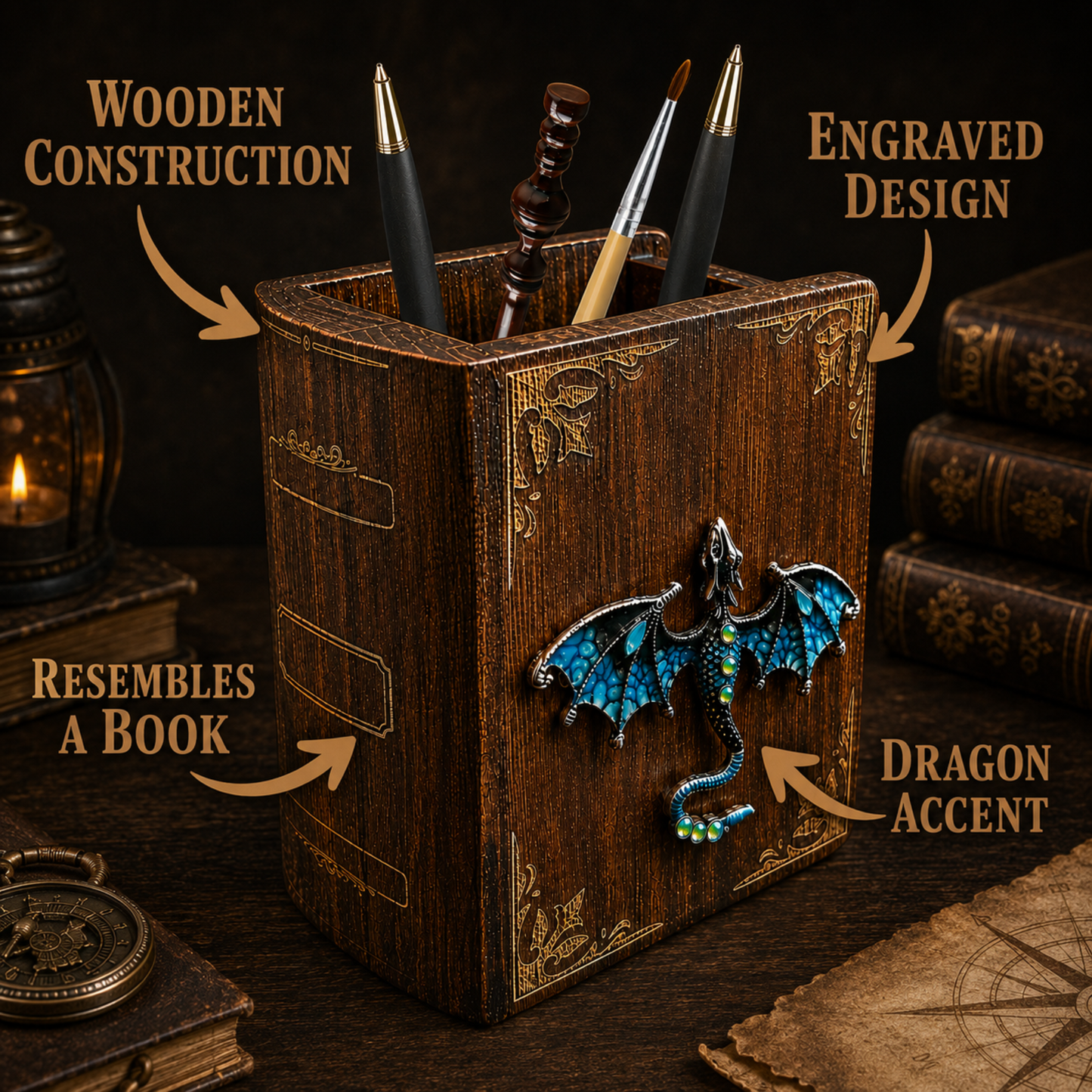 Dragon Book Desk Organizer – Wooden Fantasy Pen Holder