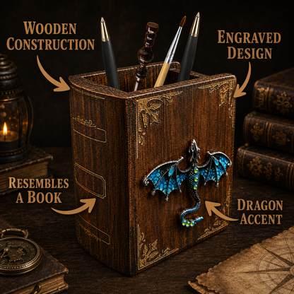 Dragon Book Desk Organizer – Wooden Fantasy Pen Holder