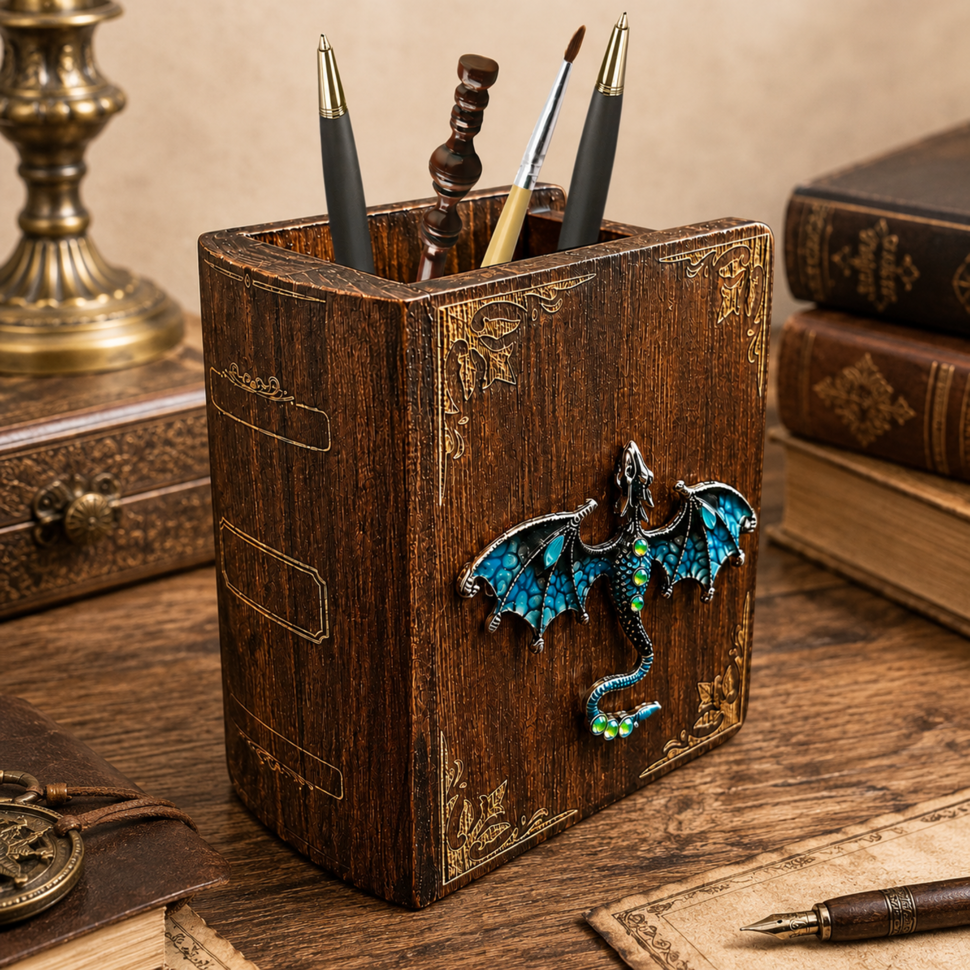 Wooden book-shaped dragon desk organizer with fantasy design and pen holder storage