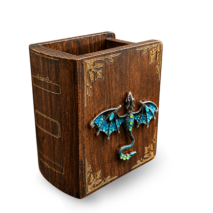 Dragon Book Desk Organizer – Wooden Fantasy Pen Holder