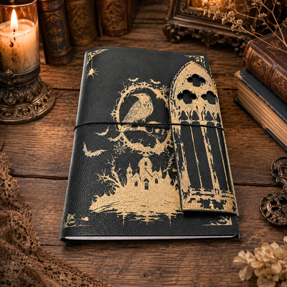 Gothic Raven Refillable A5 Journal with Cathedral Window Flap