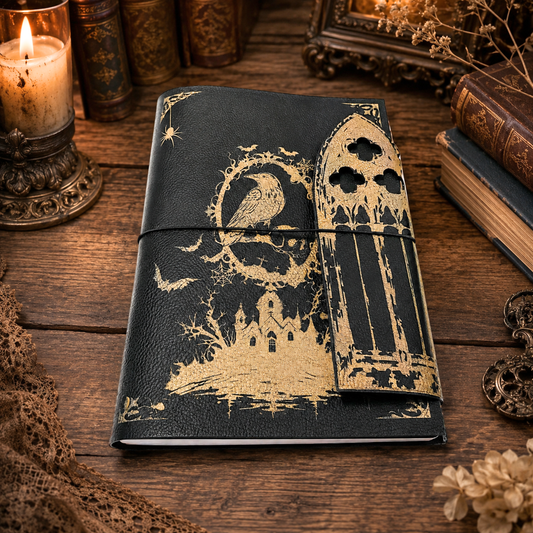 Gothic Raven Refillable A5 Journal with Cathedral Window Flap
