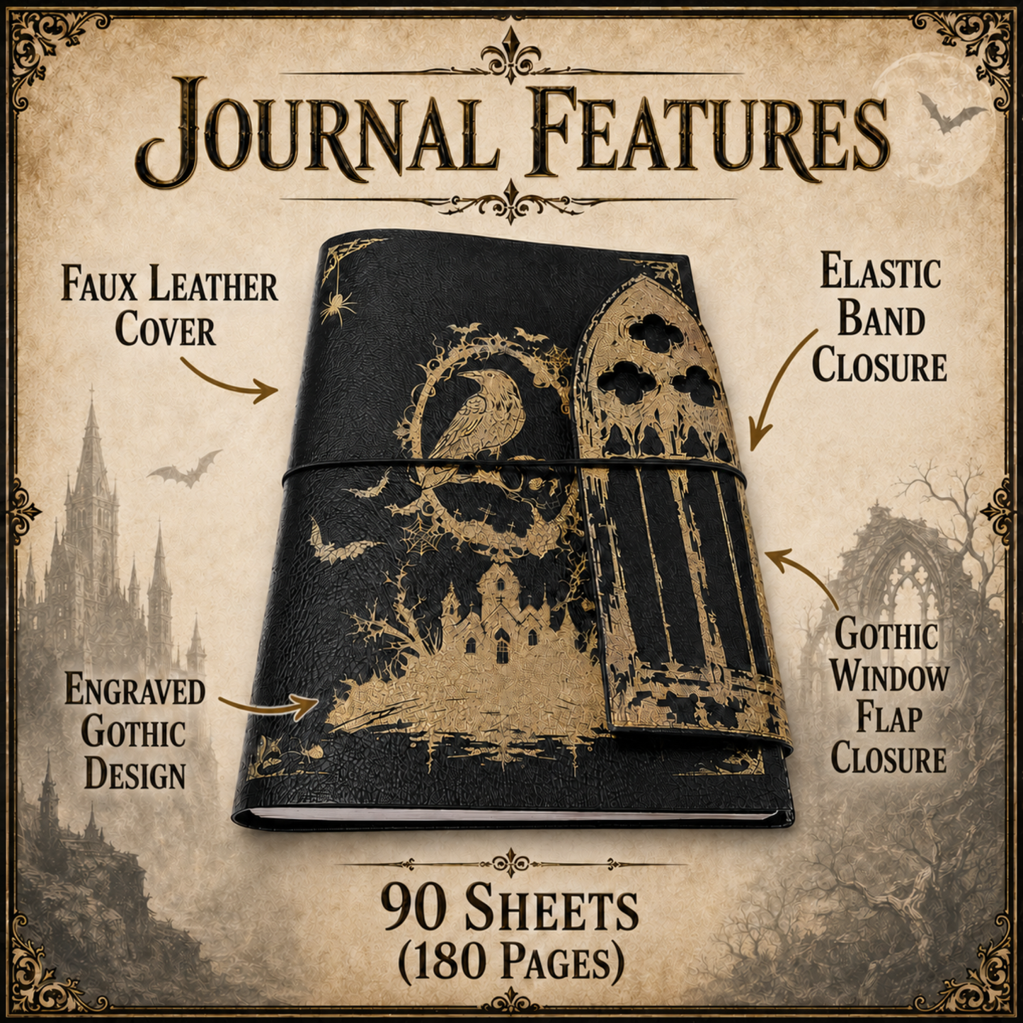 Gothic Raven Refillable A5 Journal with Cathedral Window Flap