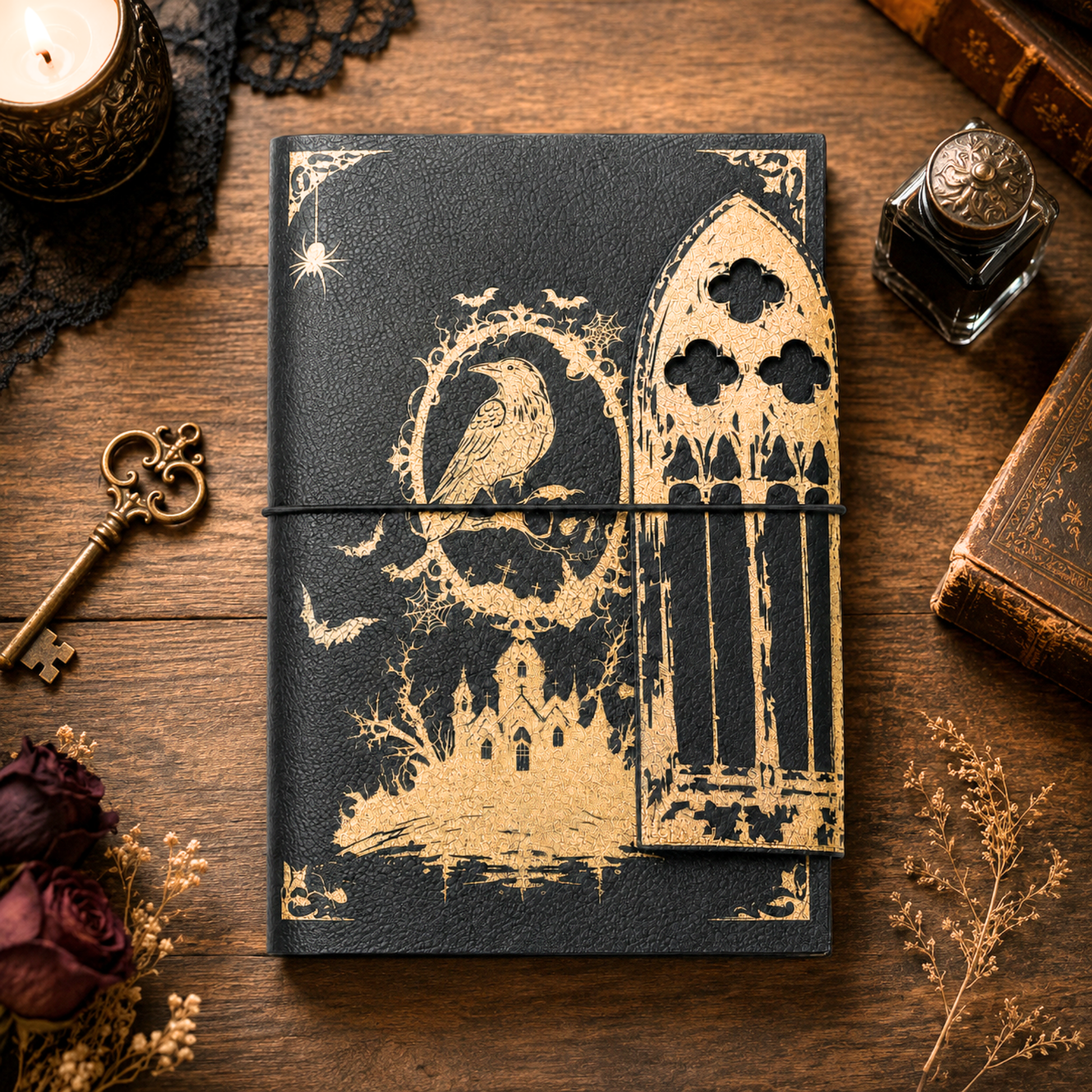 Gothic cathedral window-shaped journal flap with decorative cutouts