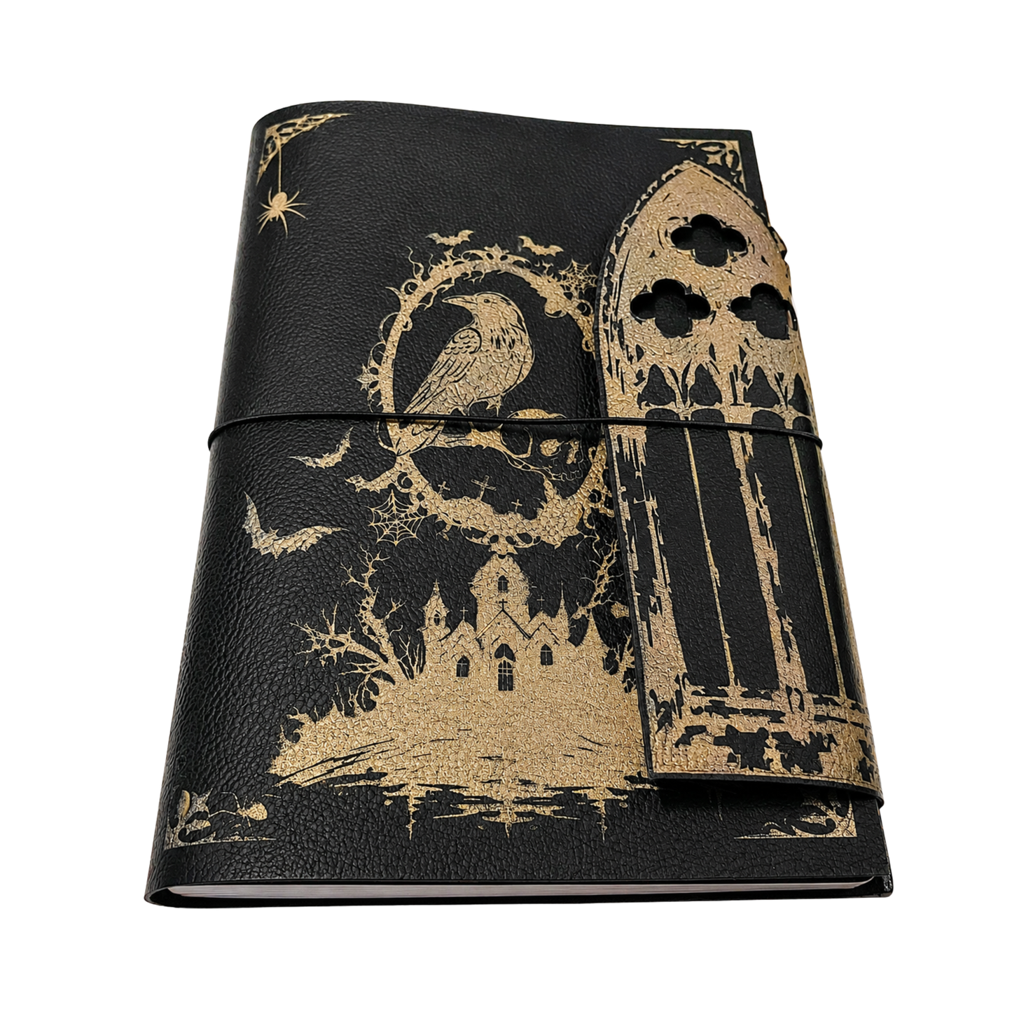 Black and gold Gothic raven refillable A5 journal with cathedral window flap