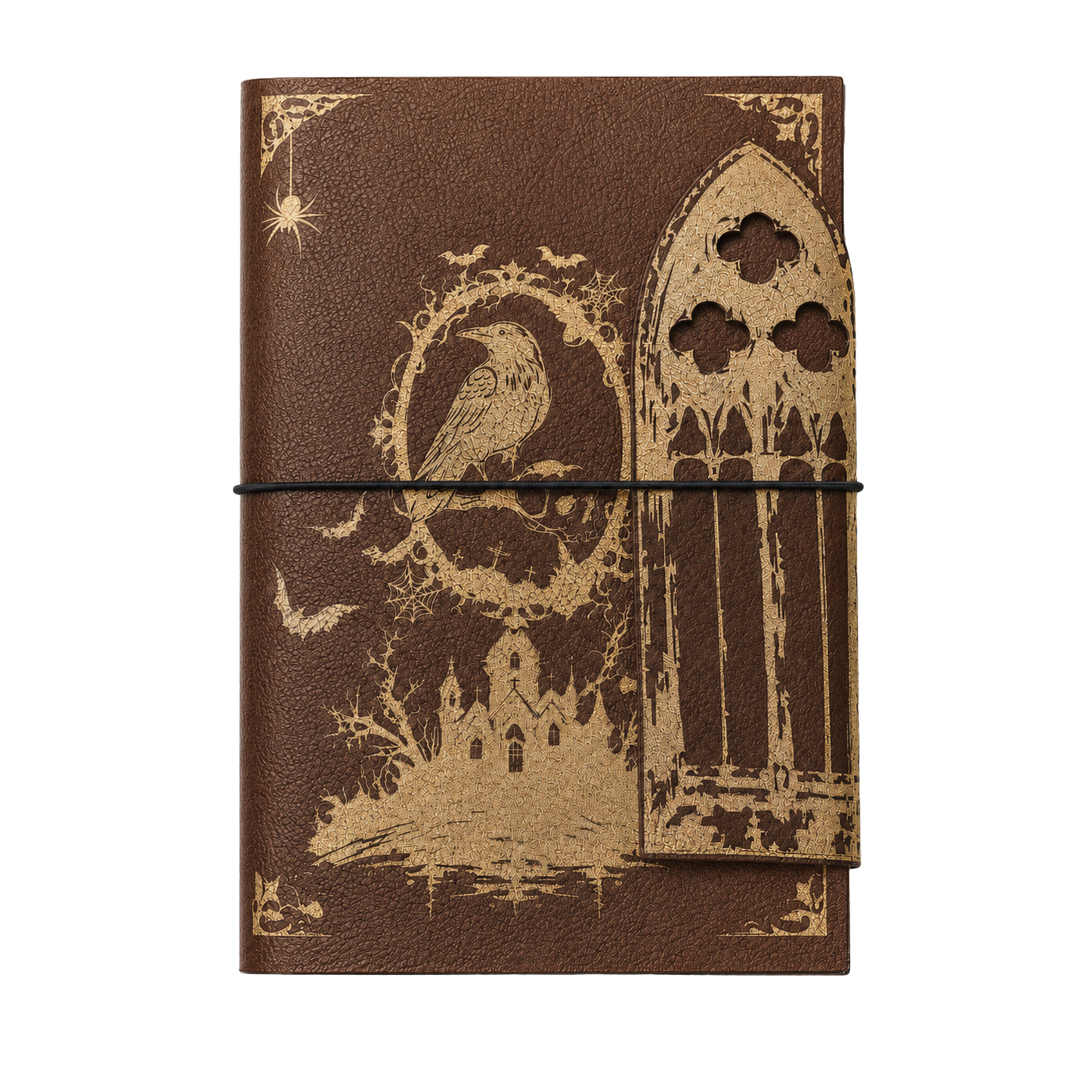 Rustic brown and gold Gothic raven journal shown from above