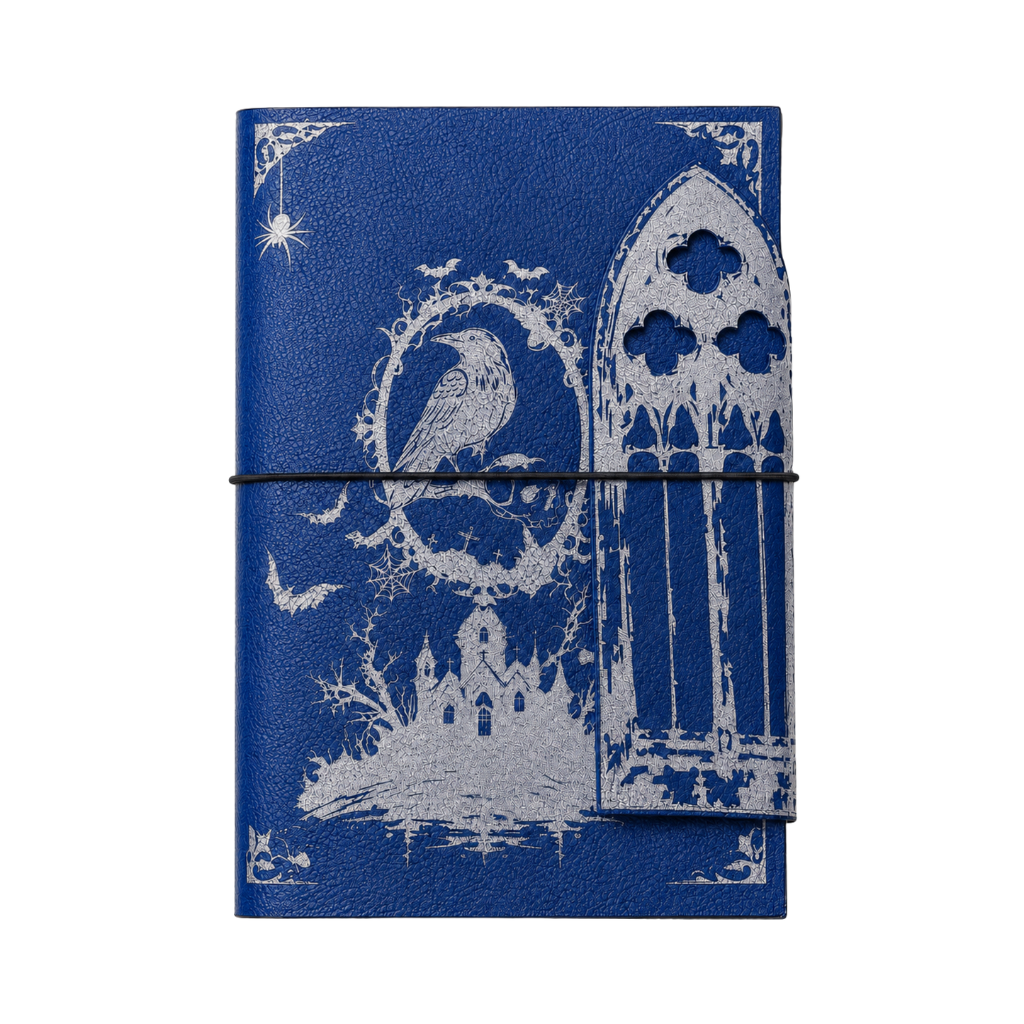 Blue and silver Gothic refillable A5 notebook with black elastic closure