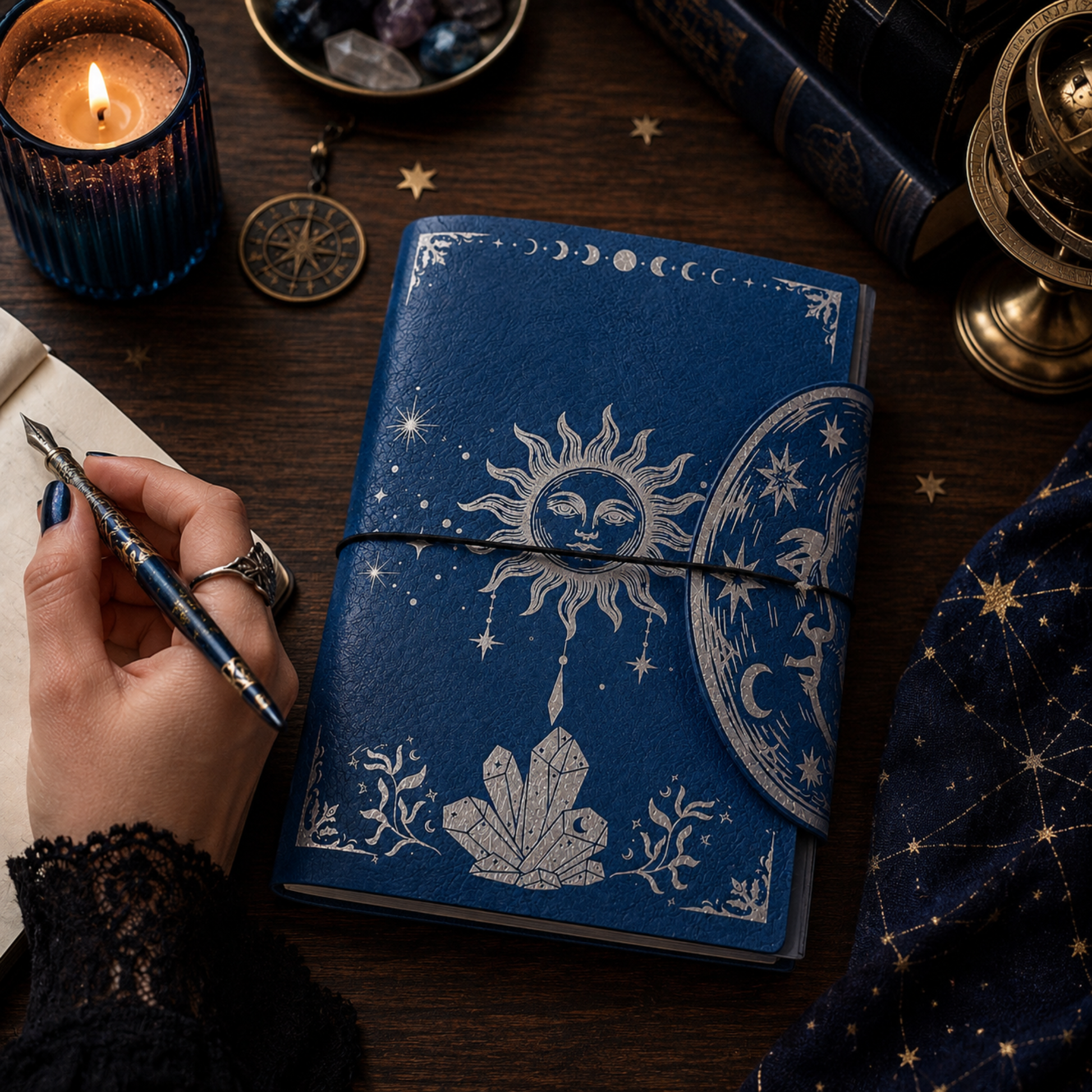 A blue leather journal with celestial illustrations of a sun face, moon phases, and stars, tied with a black elastic band. It is shown on a dark wooden table surrounded by mystical props including a lit candle, a hand holding a pen, crystals, and old books.