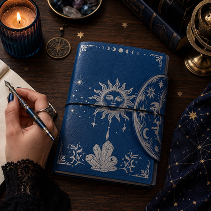 A blue leather journal with celestial illustrations of a sun face, moon phases, and stars, tied with a black elastic band. It is shown on a dark wooden table surrounded by mystical props including a lit candle, a hand holding a pen, crystals, and old books.