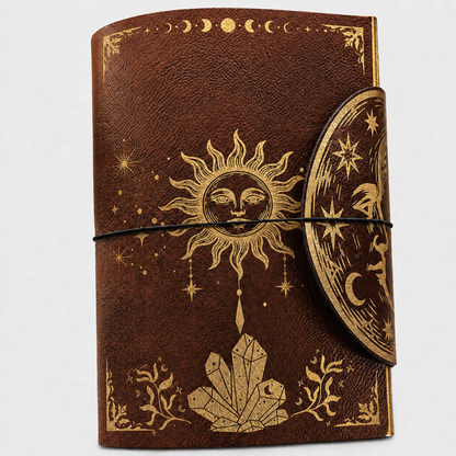 A brown leather journal with gold celestial illustrations, including a sun face, moon, stars, and crystals, secured with a black elastic band and a matching gold wrap.