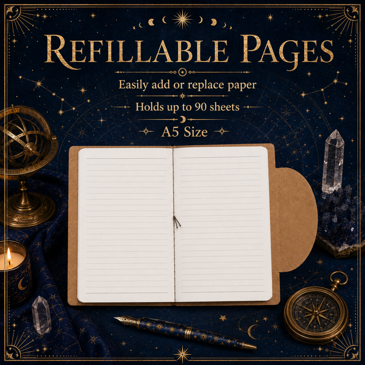Celestial Refillable A5 Journal with Moon Flap