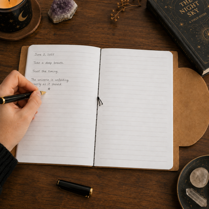 An open lined journal on a dark wooden desk with a hand writing in it with a black and gold pen. The journal has a kraft paper cover and a brown heart-shaped accent on the right side.