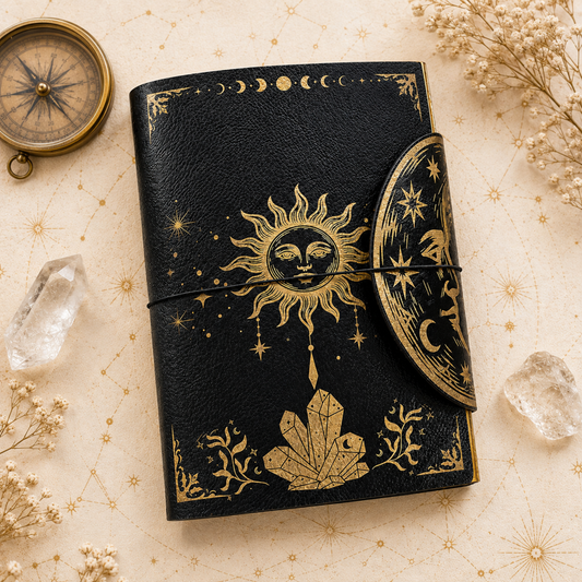 A black journal with gold celestial illustrations, including a sun face, moon phases, stars, and a crystal cluster, wrapped with a black elastic band and closed with a decorative gold moon cover. The journal is styled on a beige patterned surface with a vintage compass, clear crystals, and dried flowers.
