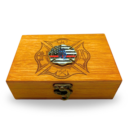 Firefighter Wooden Keepsake Box, Maple Hardwood with Laser Engraved Maltese Cross, American Flag Design