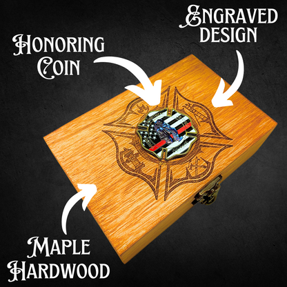 Firefighter Wooden Keepsake Box, Maple Hardwood with Laser Engraved Maltese Cross, American Flag Design