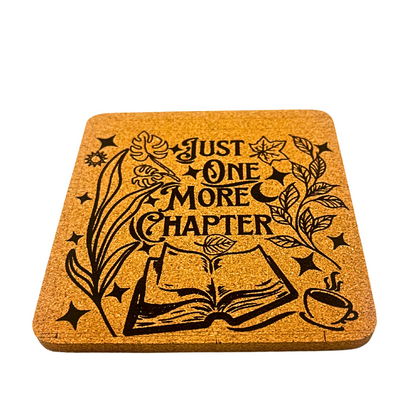 Book Lover Cork Coasters with Whimsical Designs, Set of 4, Laser Engraved personalized name option