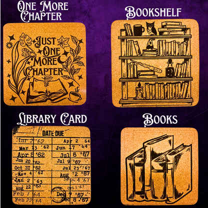 Book Lover Cork Coasters with Whimsical Designs, Set of 4, Laser Engraved personalized name option