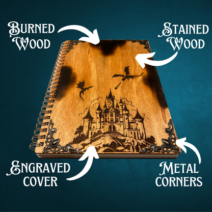 Fantasy Wooden Notebook | Gifts for Booklover women & men | Book of Shadows, Grimoire scrapbook | 40 Pages A5