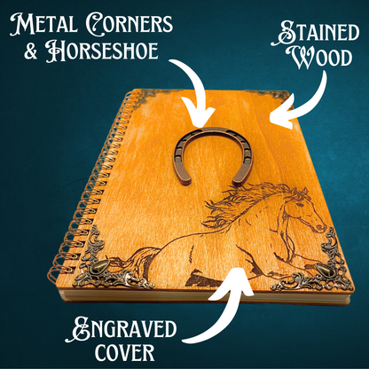 Wooden Notebook for Horse Lover | Housewarming Decor Cowboy, Cowgirl, Western, Horseshoe Gifts  | 40 Pages A5