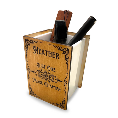 Personalized Wooden Pen Holder, Book Design Desk Organizer, Customizable Name