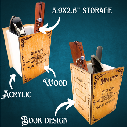 Personalized Wooden Pen Holder, Book Design Desk Organizer, Customizable Name