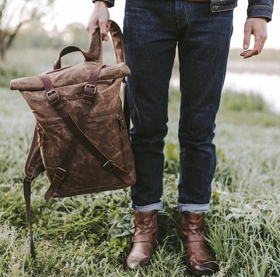 Oil Waxed Canvas Back Pack, Water Resistant Traveling Knapsack Back Pack, Roll Top Hike Backpack, Adult Retro Bag Backpack, Travel Lovers Gifts