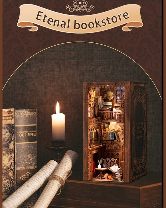 CuteBee DIY Booknook Kit - Eternal Bookstore Theme; Lighted 3D Puzzle of Apothecary; Desk, Mantel, Bookshelf Décor; Craft Gift mini library