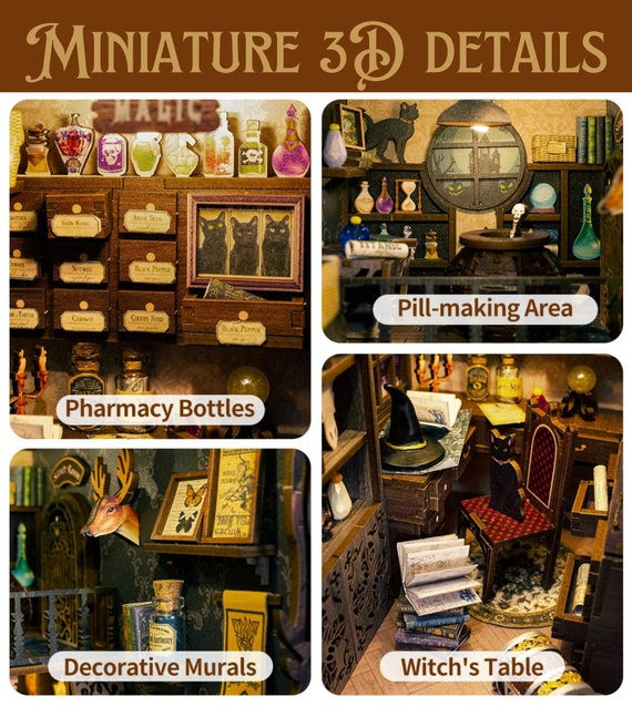 CuteBee DIY Booknook Kit - Magic Pharmacist Theme; Lighted 3D Puzzle of Apothecary / Magic Shop; Desk, Mantel, Bookshelf Décor; Craft Gift