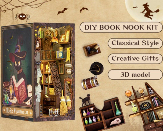 CuteBee DIY Booknook Kit - Magic Pharmacist Theme; Lighted 3D Puzzle of Apothecary / Magic Shop; Desk, Mantel, Bookshelf Décor; Craft Gift